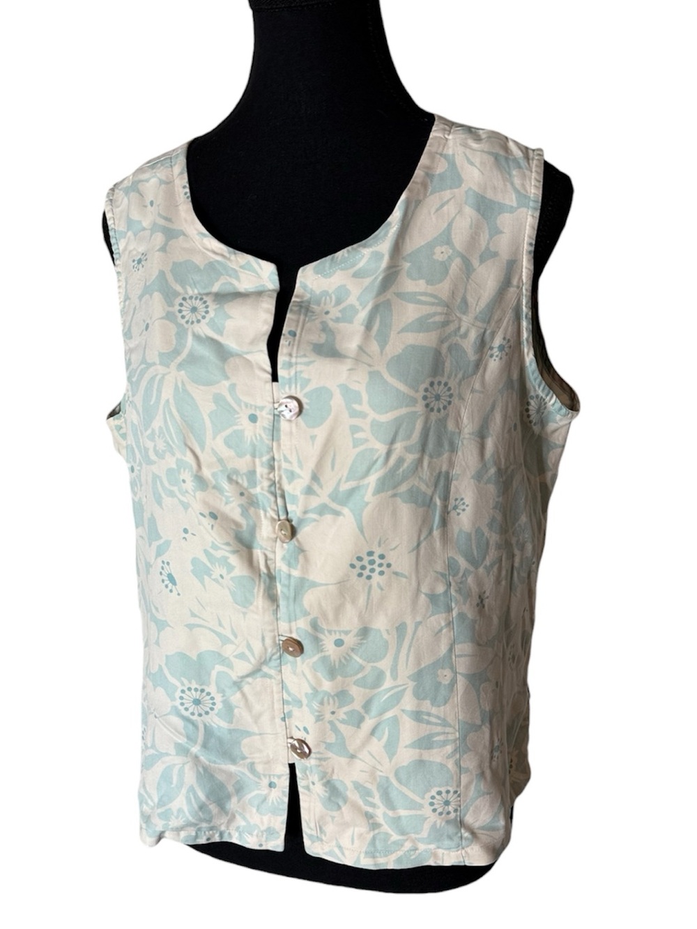 PINEAPPLE MOON Silk Button Down Top Sleeveless Tank Vest Cream Seafoam Large
